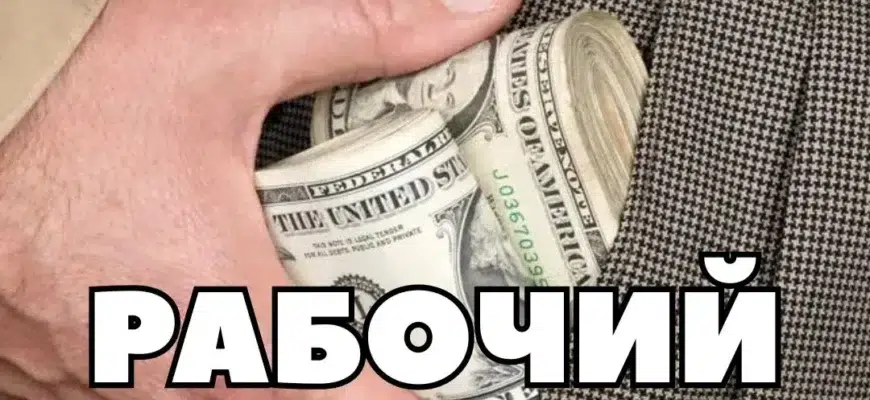 Рука кладет котлету из денег в карман